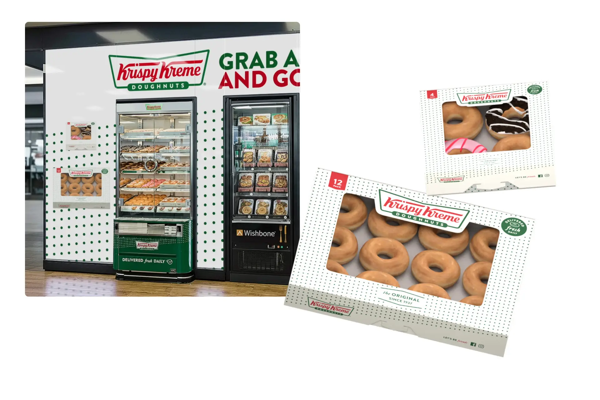 The Full Range, Boxed Alt text: A Krispy Kreme grab-and-go display in a BP store shown alongside 4-pack and 12-pack doughnut box mockups, with original glazed and iced doughnuts visible through the window cartons.
